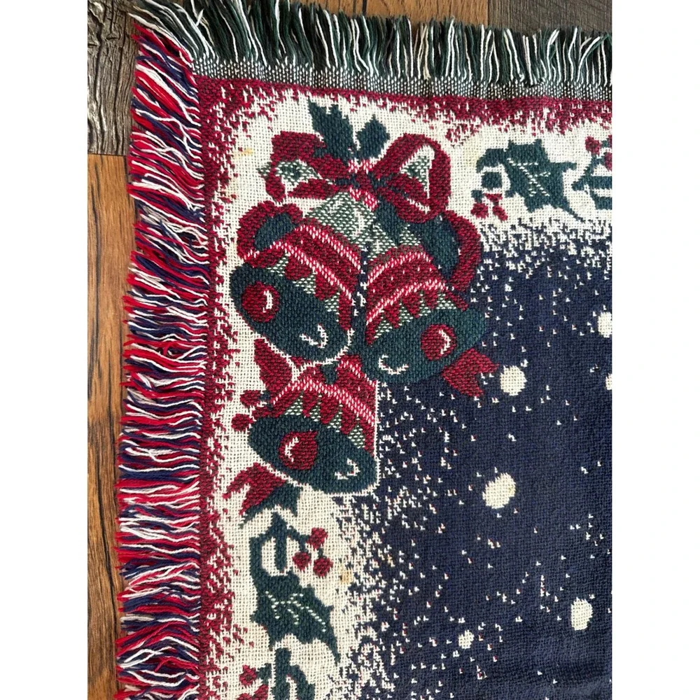 Vintage Christmas Tapestry Throw Blanket Santa Reindeer Village Woven 68x46